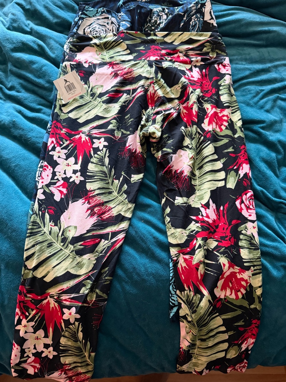 Tropical Floral High-Waist Leggings - Black with Pink & Green